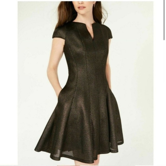 Julia Jordan Diamond Textured Fit‎ & Flare Dress Gold Size 4 - Picture 1 of 14